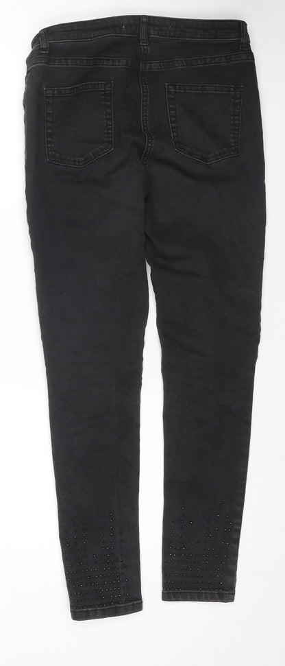 NEXT Womens Black Cotton Skinny Jeans Size 12 L27 in Regular Zip - Jeweled Detail