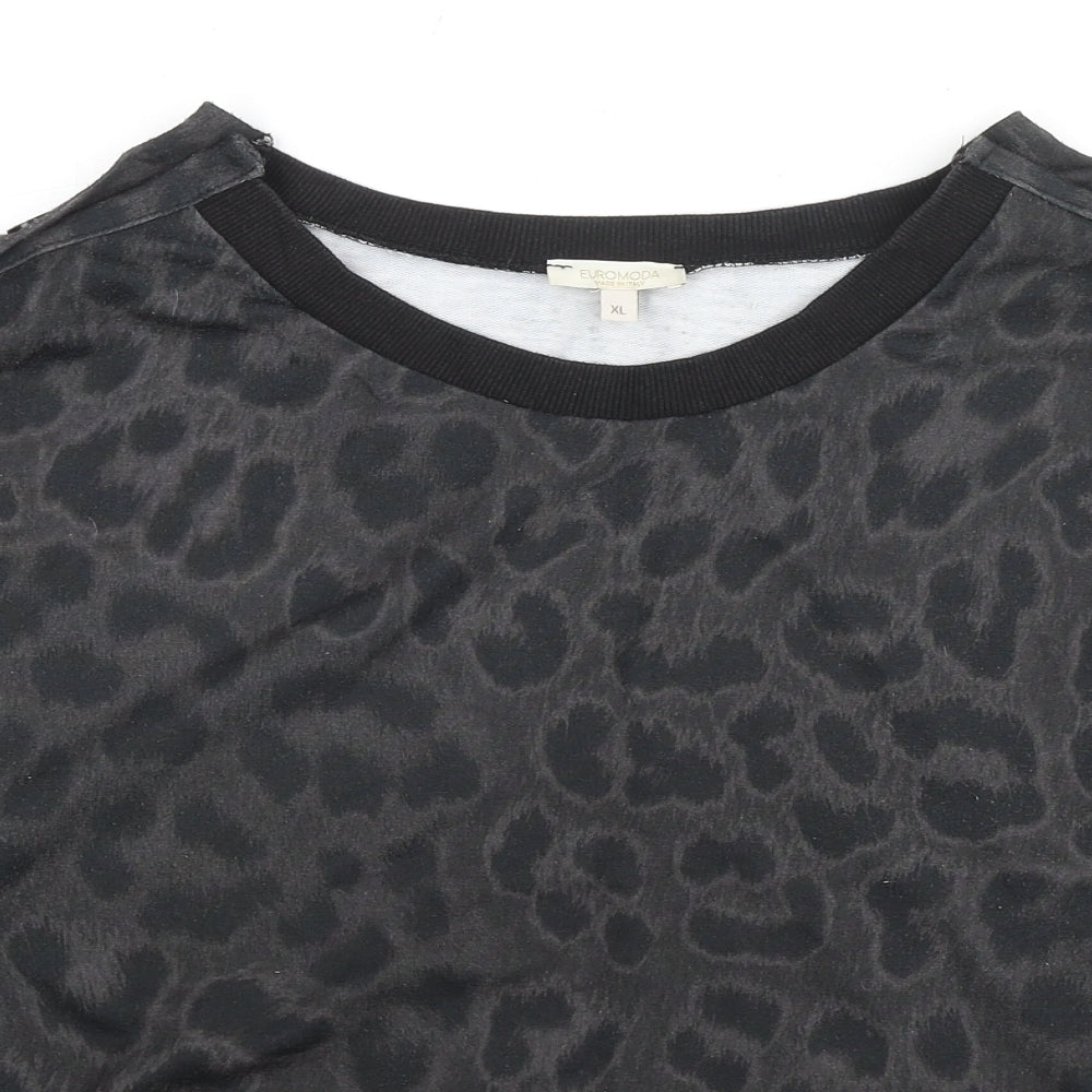 Euromoda Womens Grey Animal Print Polyester Pullover Sweatshirt Size XL Pullover - Leopard Print, Button Detail