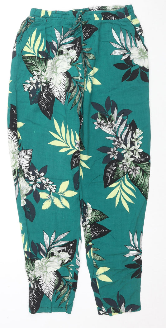 Blue Chameleon Womens Green Floral Viscose Chino Trousers Size S L26 in Regular Drawstring