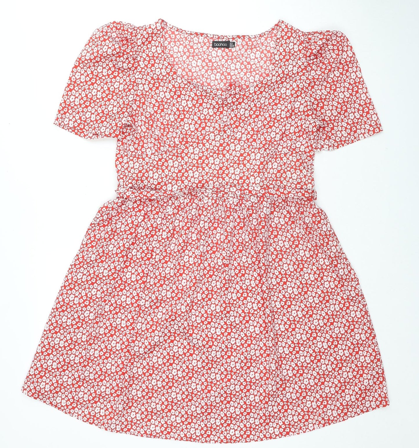 Boohoo Womens Red Floral Polyester Trapeze & Swing Size 10 Square Neck Pullover