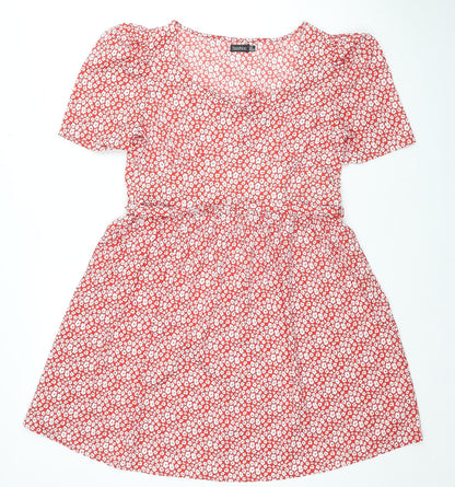 Boohoo Womens Red Floral Polyester Trapeze & Swing Size 10 Square Neck Pullover