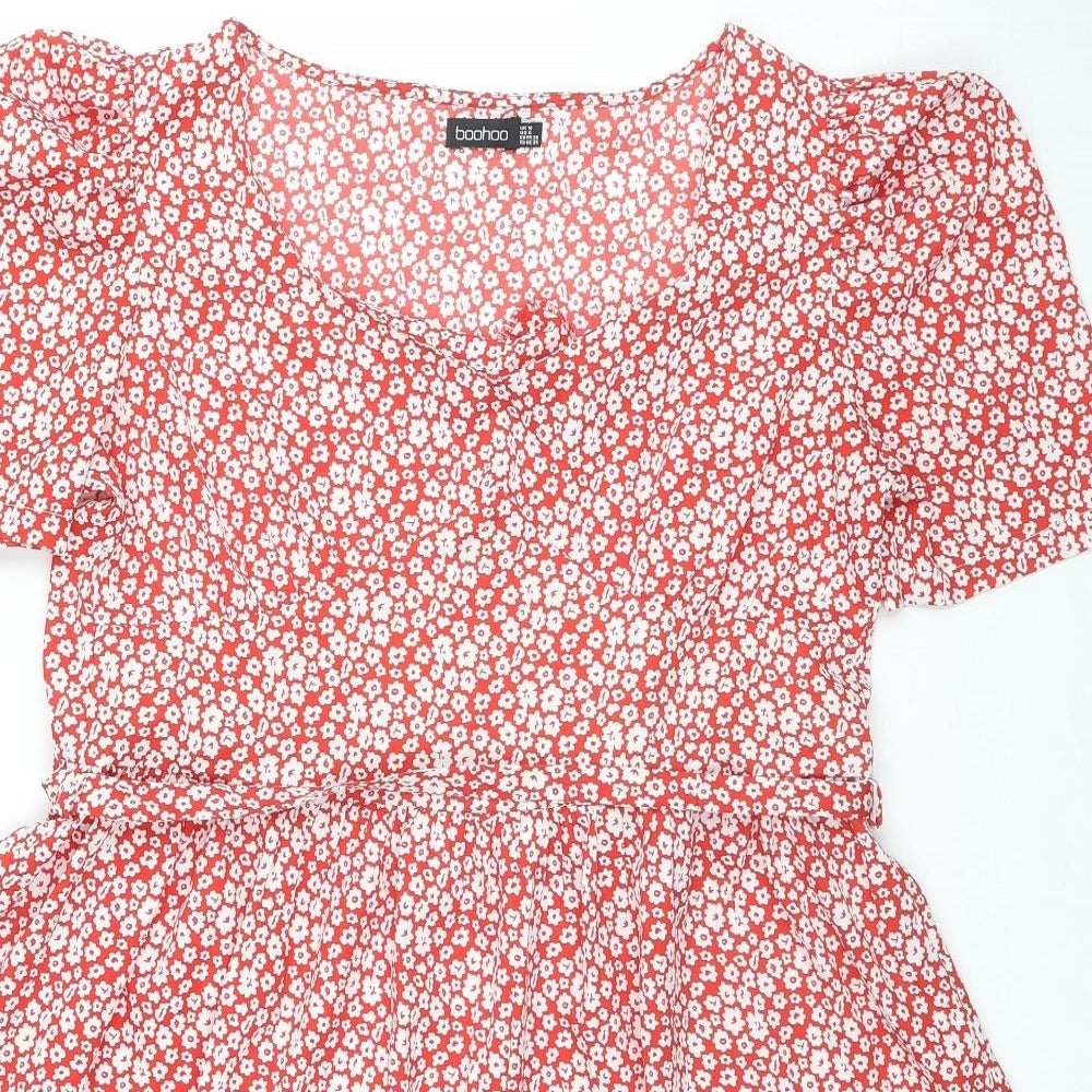 Boohoo Womens Red Floral Polyester Trapeze & Swing Size 10 Square Neck Pullover