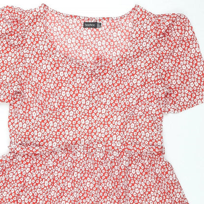 Boohoo Womens Red Floral Polyester Trapeze & Swing Size 10 Square Neck Pullover