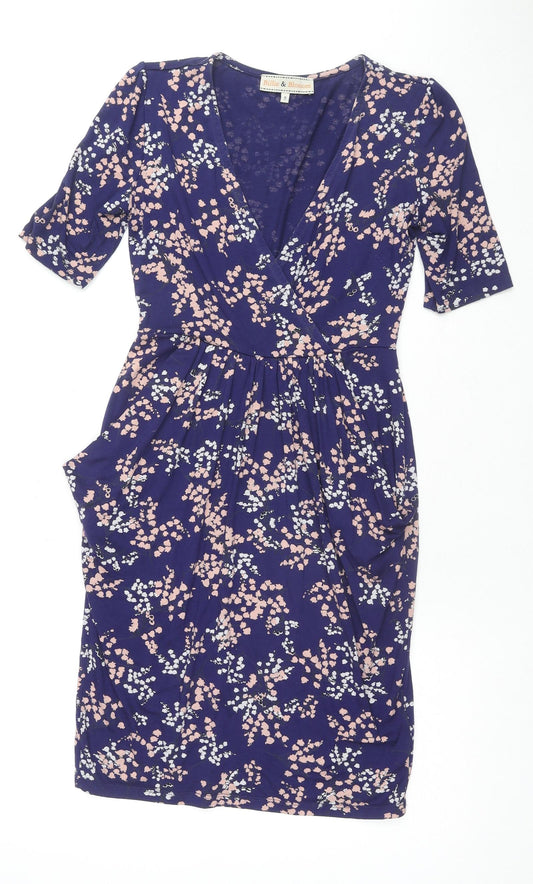 Billie & Blossom Womens Blue Floral Viscose A-Line Size 8 V-Neck Pullover