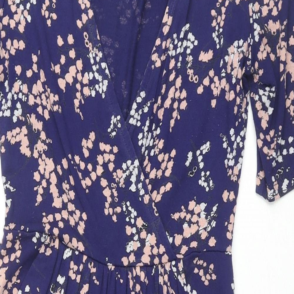 Billie & Blossom Womens Blue Floral Viscose A-Line Size 8 V-Neck Pullover