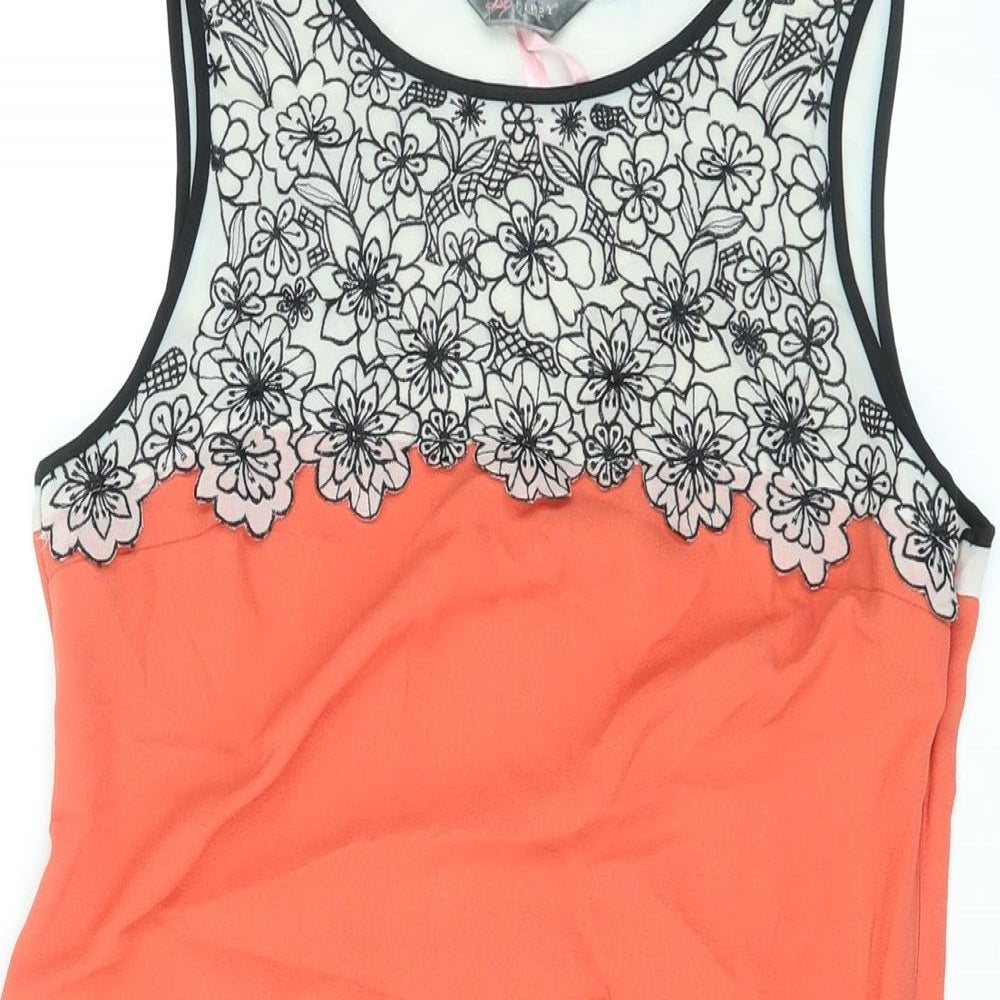 Lipsy Womens Orange Floral Polyester Tank Dress Size 14 Round Neck Zip