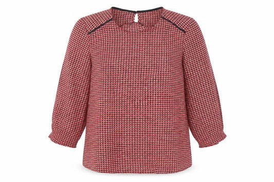 Front view of Dunnes women’s red geometric polyester basic blouse, size XS, round neck