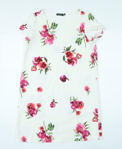 Boohoo Womens White Floral Polyester T-Shirt Dress Size 10 Round Neck