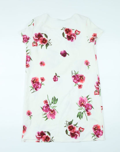 Boohoo Womens White Floral Polyester T-Shirt Dress Size 10 Round Neck