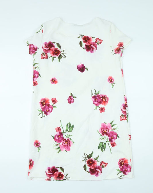 Boohoo Womens White Floral Polyester T-Shirt Dress Size 10 Round Neck