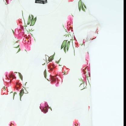 Boohoo Womens White Floral Polyester T-Shirt Dress Size 10 Round Neck
