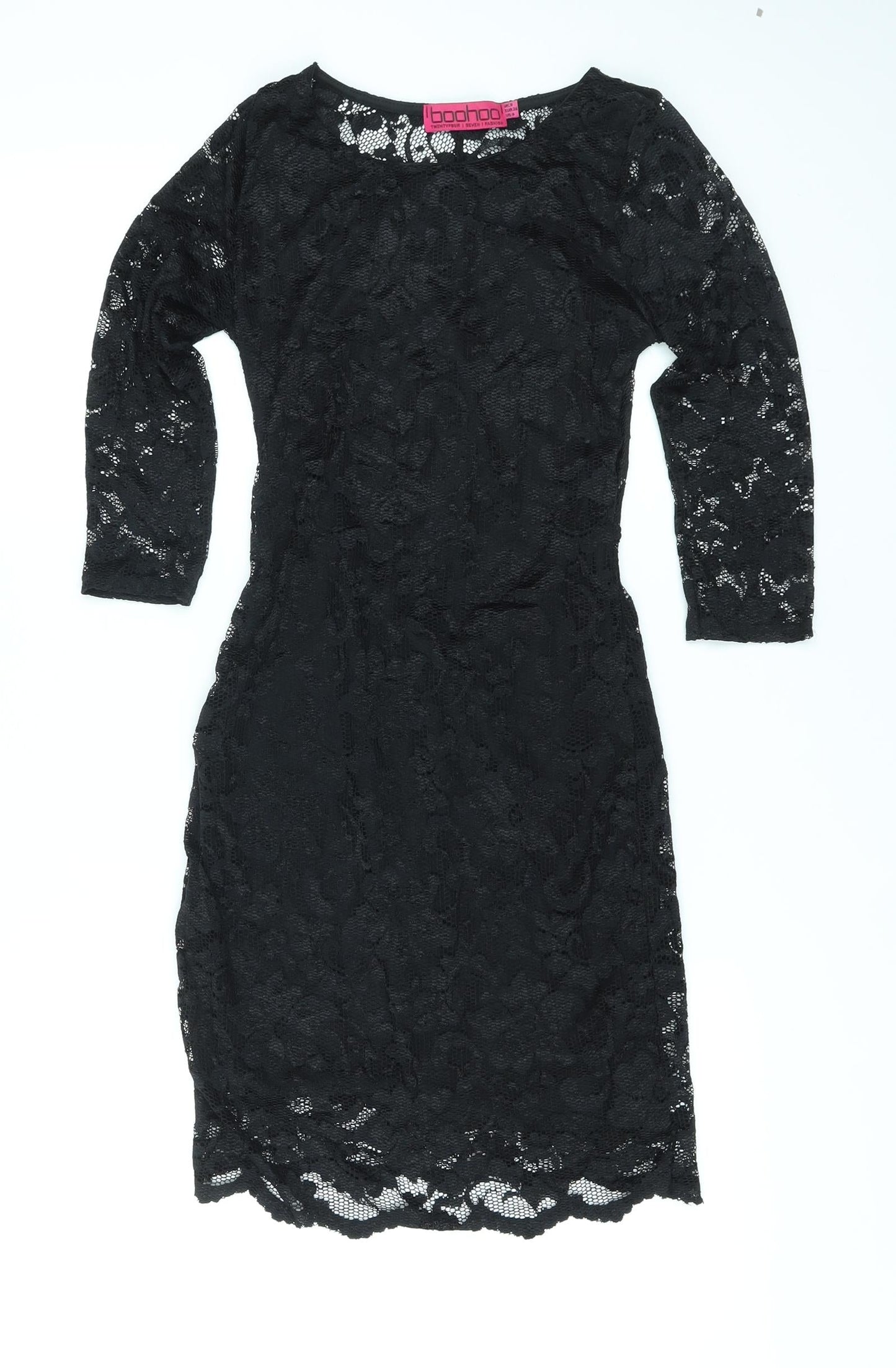 Boohoo Womens Black Floral Nylon Bodycon Size 8 Round Neck Pullover - Backless, Lace