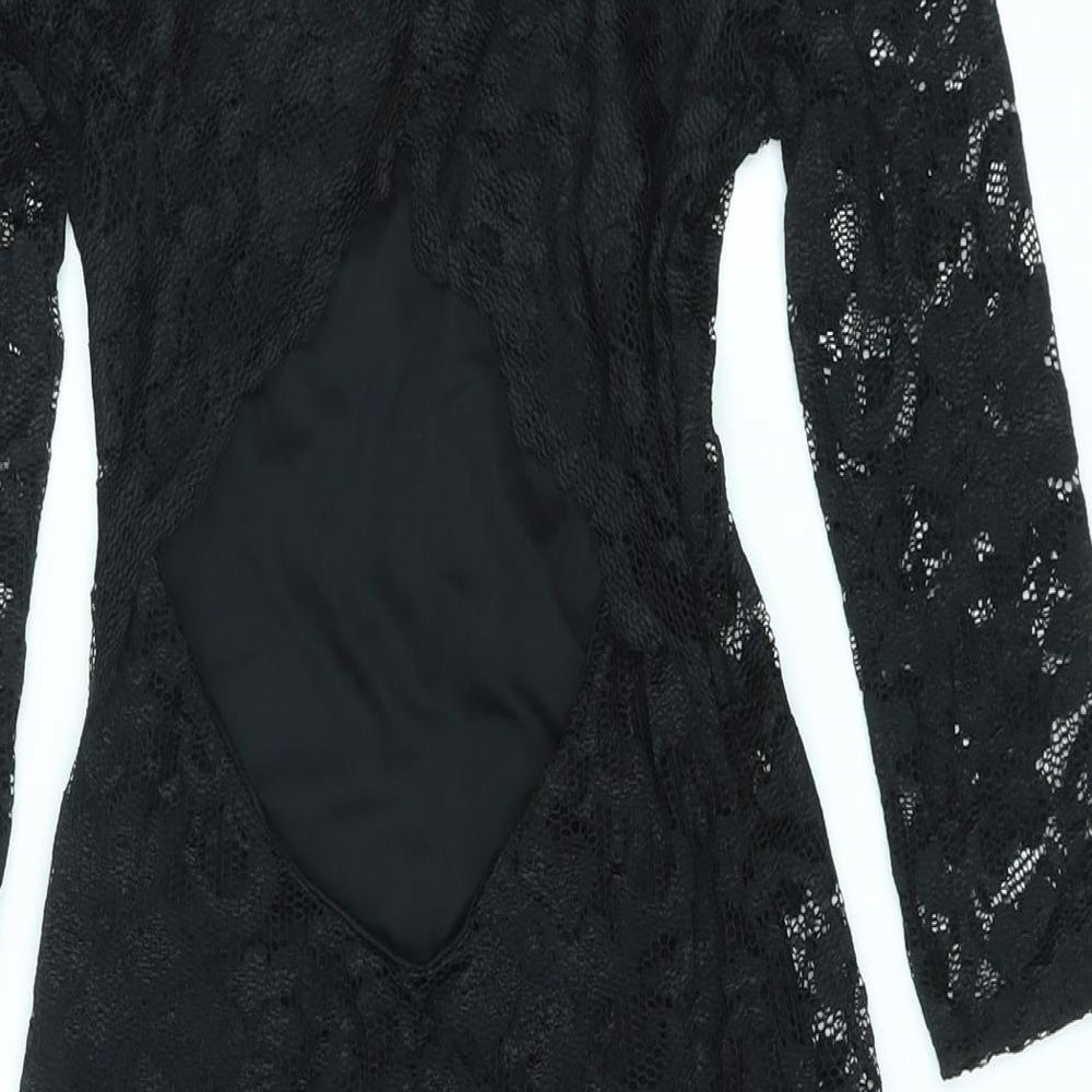 Boohoo Womens Black Floral Nylon Bodycon Size 8 Round Neck Pullover - Backless, Lace