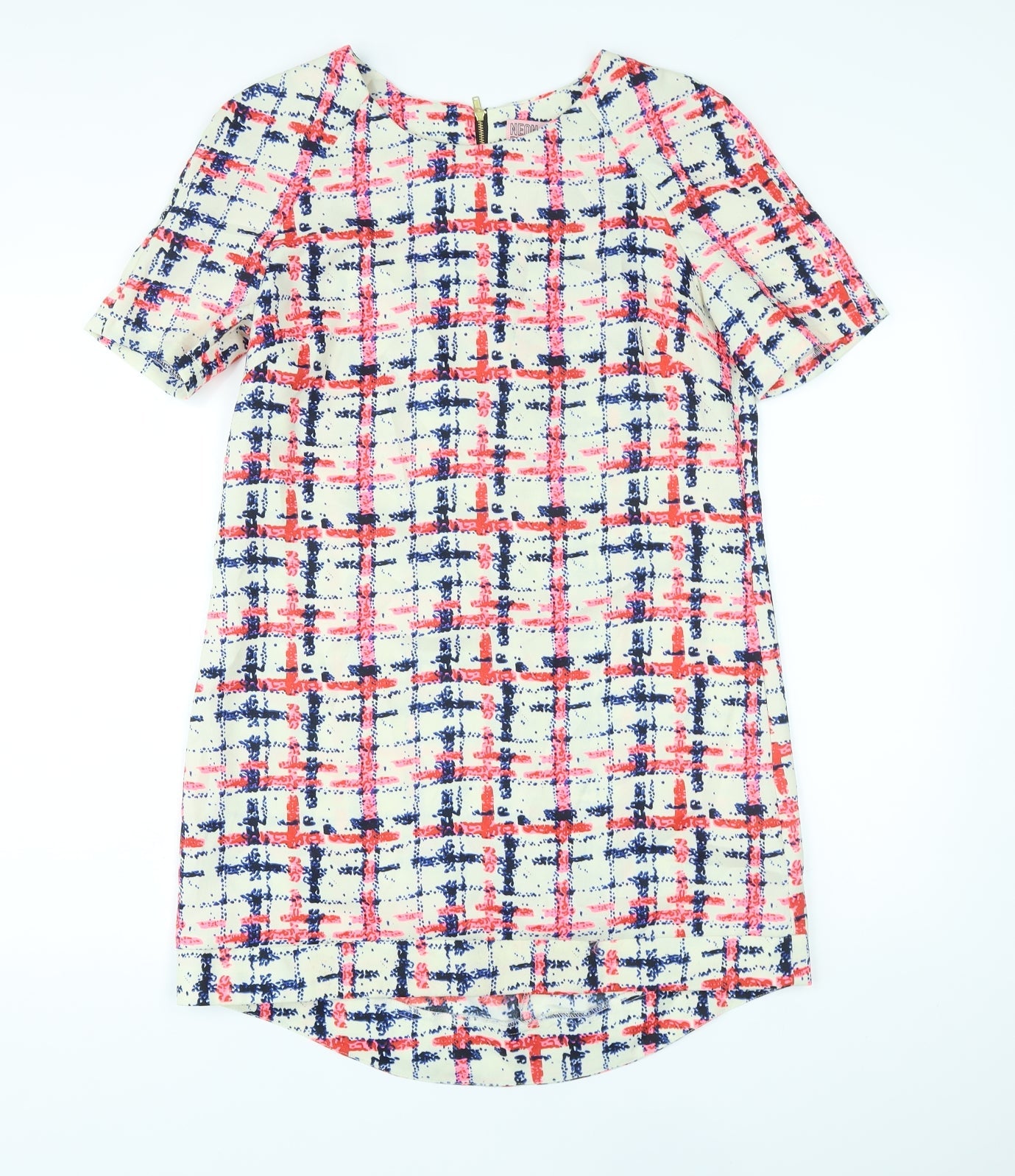 Neon Rose Womens Ivory Plaid Polyester T-Shirt Dress Size 12 Round Neck Zip