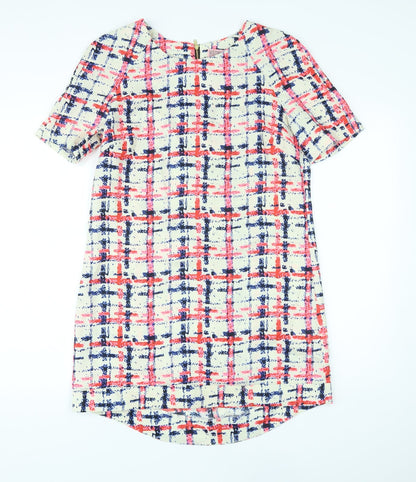 Neon Rose Womens Ivory Plaid Polyester T-Shirt Dress Size 12 Round Neck Zip