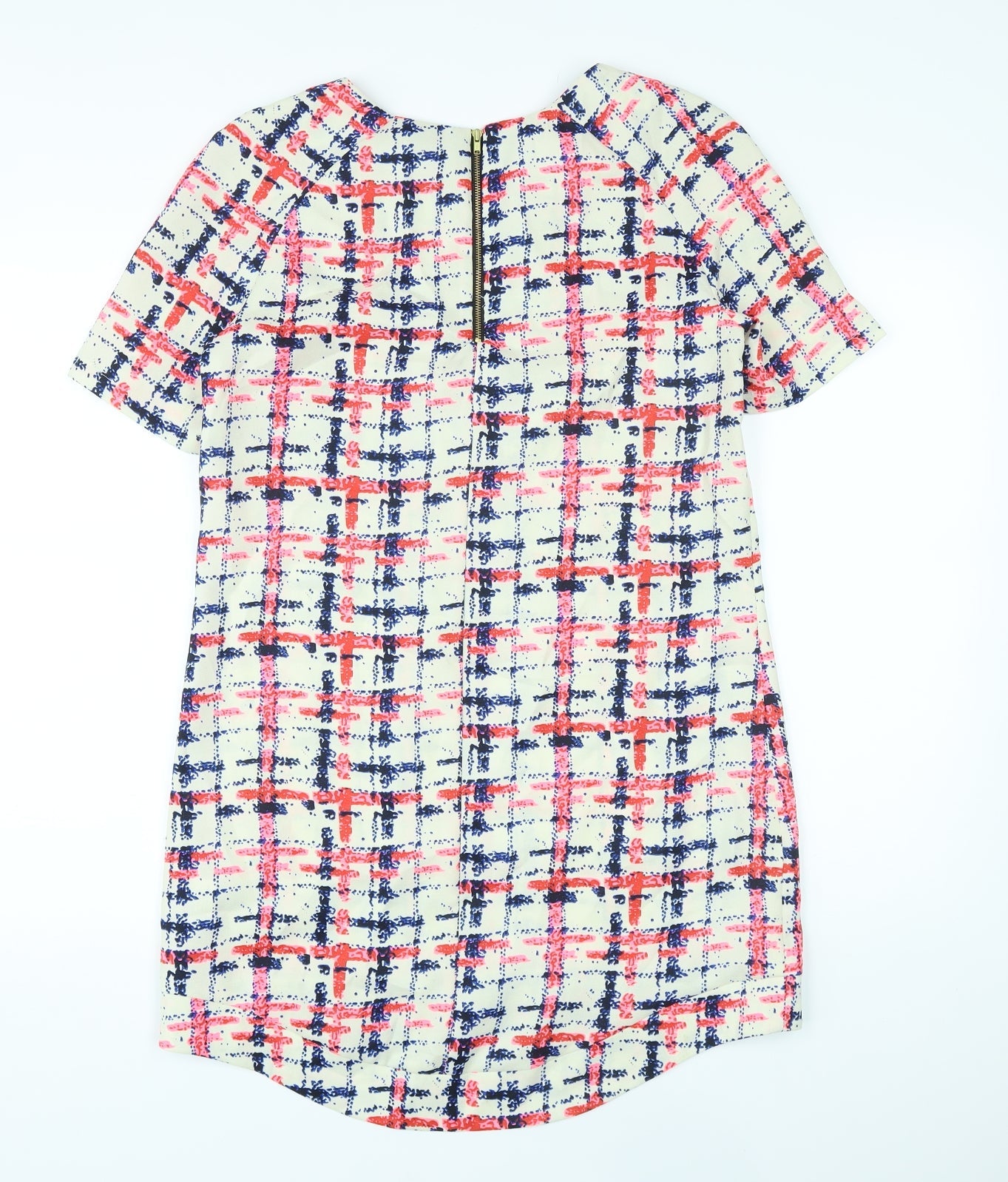 Neon Rose Womens Ivory Plaid Polyester T-Shirt Dress Size 12 Round Neck Zip