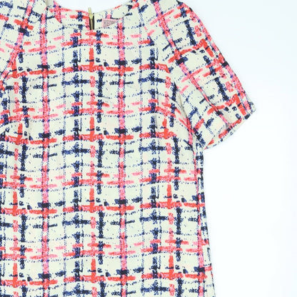 Neon Rose Womens Ivory Plaid Polyester T-Shirt Dress Size 12 Round Neck Zip