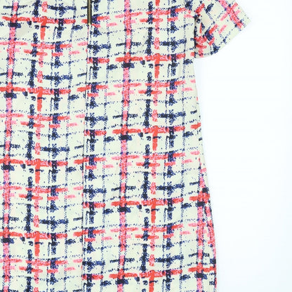 Neon Rose Womens Ivory Plaid Polyester T-Shirt Dress Size 12 Round Neck Zip