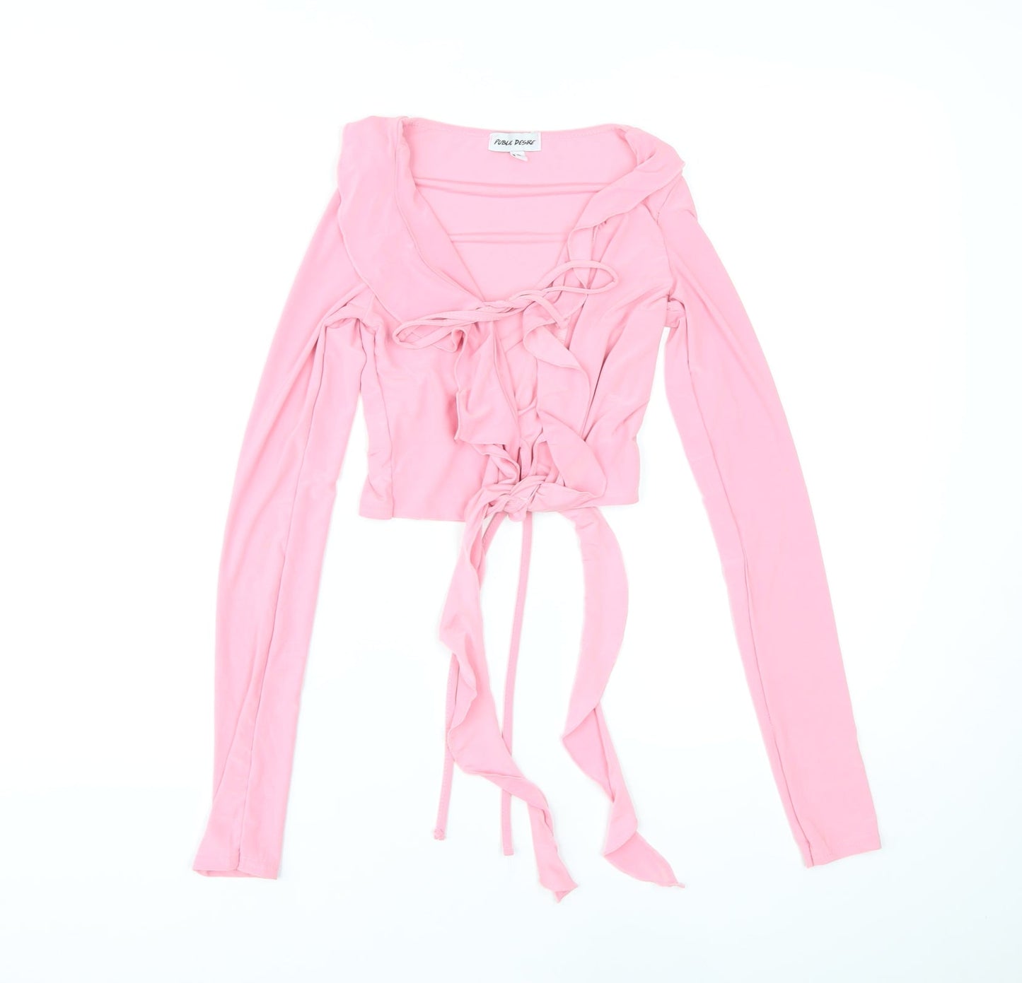 Public Desire Womens Pink Polyester Cropped Blouse Size 6 V-Neck - Ruffle