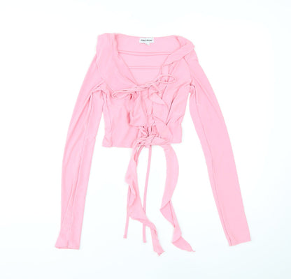 Public Desire Womens Pink Polyester Cropped Blouse Size 6 V-Neck - Ruffle