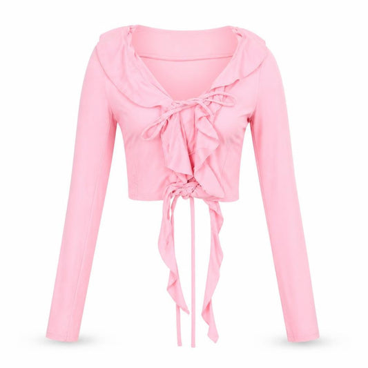 Public Desire Womens Pink Polyester Cropped Blouse Size 6 V-Neck - Ruffle