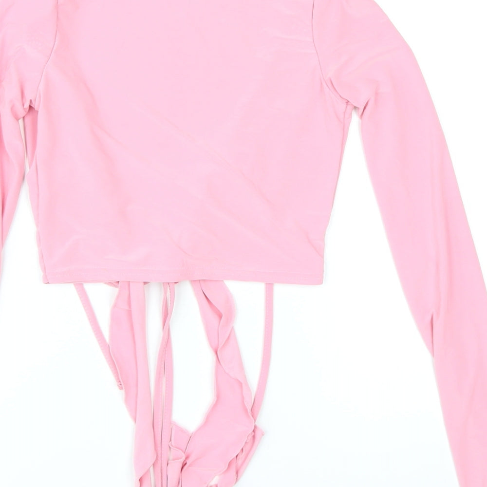 Public Desire Womens Pink Polyester Cropped Blouse Size 6 V-Neck - Ruffle