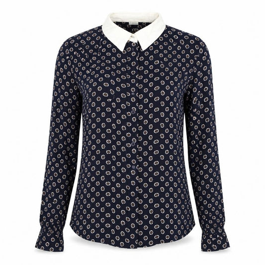 Front view of Cooperative women’s blue paisley viscose basic button-up, size S, collared