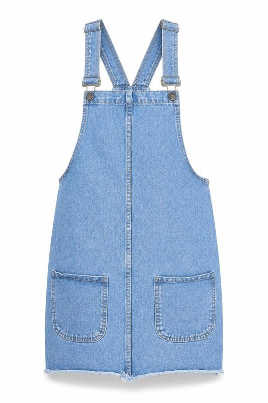 Front view of Denim & Co. women’s blue cotton pinafore/dungaree dress, size UK 8, square neck hook & eye