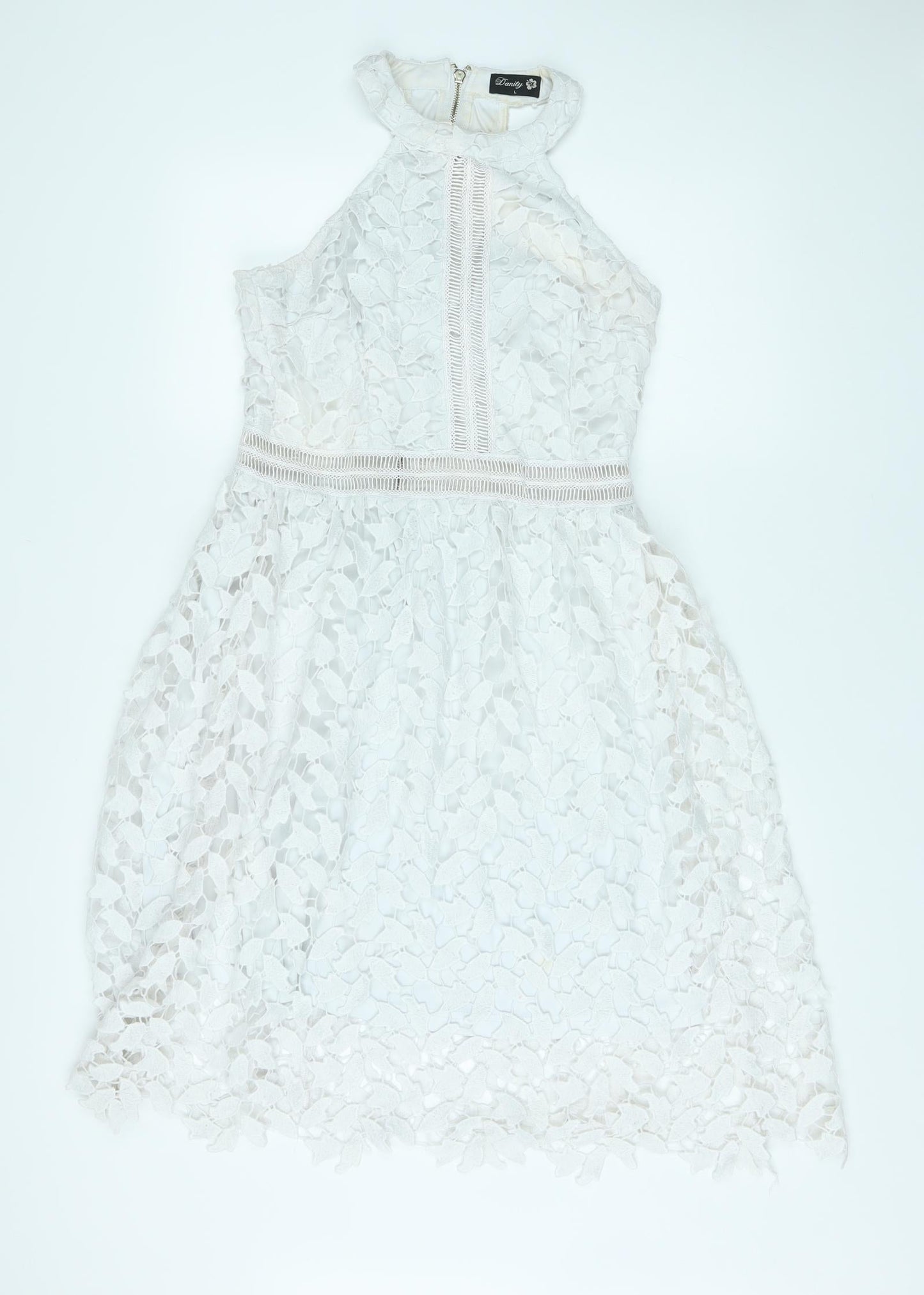 Danity Womens White Geometric Polyester A-Line Size L Halter Zip - Crochet