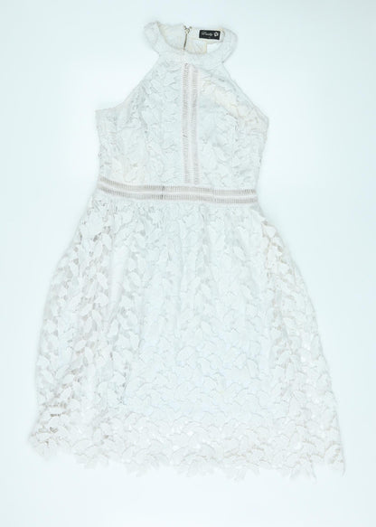 Danity Womens White Geometric Polyester A-Line Size L Halter Zip - Crochet