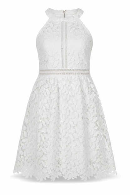 Danity Womens White Geometric Polyester A-Line Size L Halter Zip - Crochet