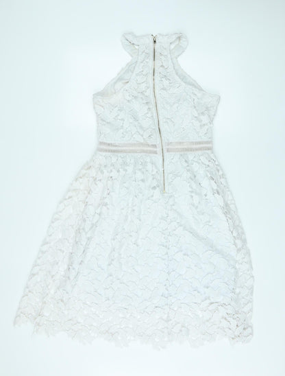 Danity Womens White Geometric Polyester A-Line Size L Halter Zip - Crochet