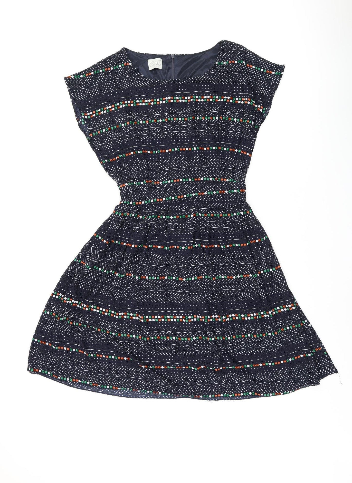 Instant Vintage Womens Blue Geometric Polyester Skater Dress One Size Boat Neck Zip