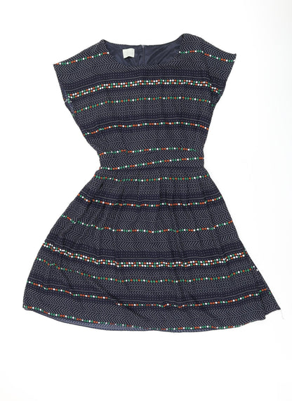 Instant Vintage Womens Blue Geometric Polyester Skater Dress One Size Boat Neck Zip