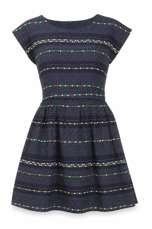 Front view of Instant Vintage women’s blue geometric polyester skater dress one size boat neck zip