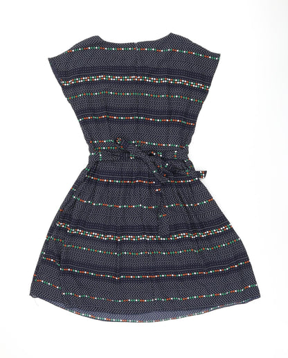 Instant Vintage Womens Blue Geometric Polyester Skater Dress One Size Boat Neck Zip