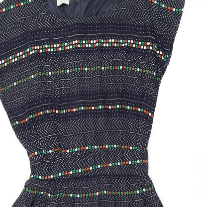 Instant Vintage Womens Blue Geometric Polyester Skater Dress One Size Boat Neck Zip