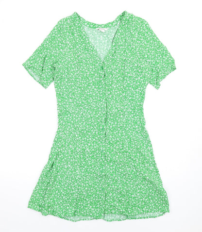 Monki Womens Green Floral Viscose A-Line Size M V-Neck Button