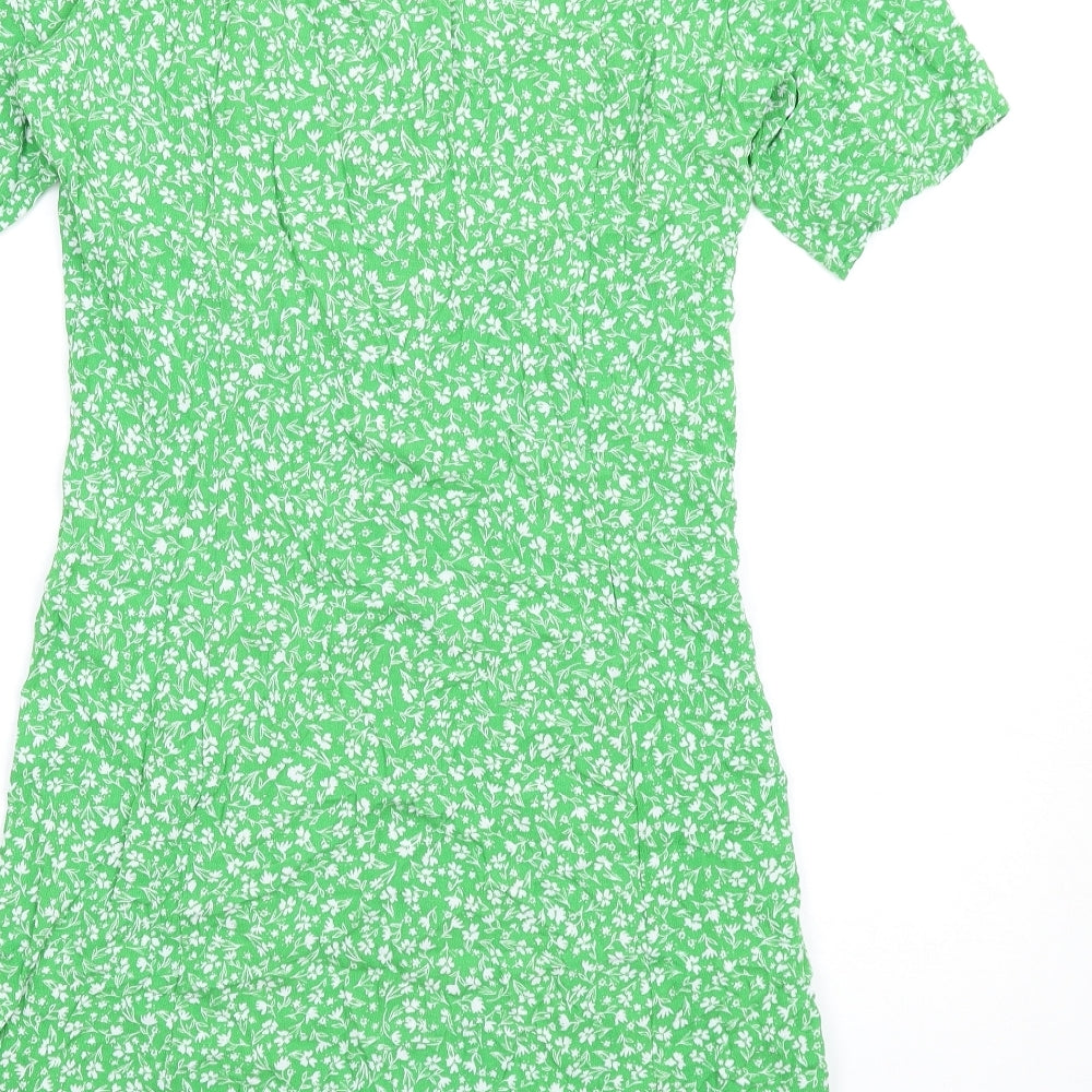 Monki Womens Green Floral Viscose A-Line Size M V-Neck Button