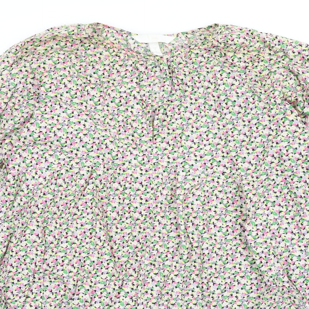 H&M Womens Multicoloured Floral Cotton Trapeze & Swing Size M Round Neck Button