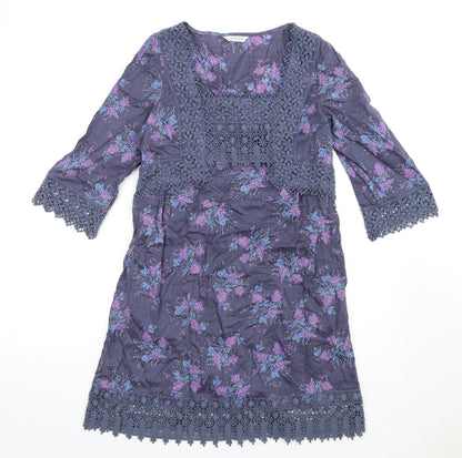 Indigo Womens Blue Floral Cotton A-Line Size 10 Square Neck Pullover