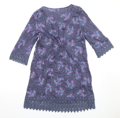 Indigo Womens Blue Floral Cotton A-Line Size 10 Square Neck Pullover