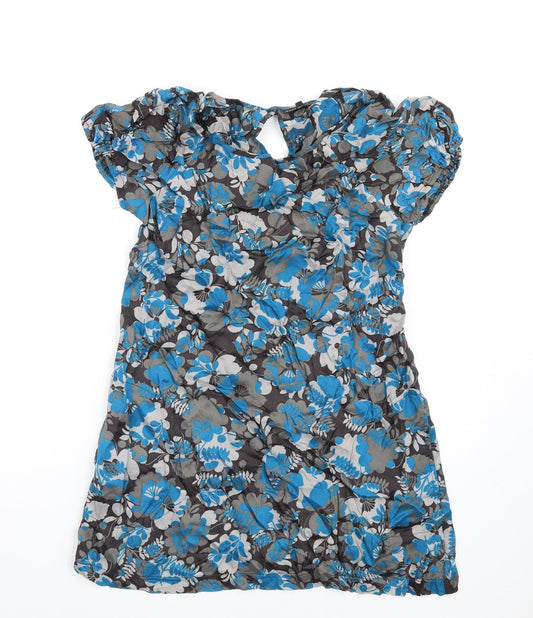 NEXT Womens Blue Floral Viscose A-Line Size 14 Round Neck Button