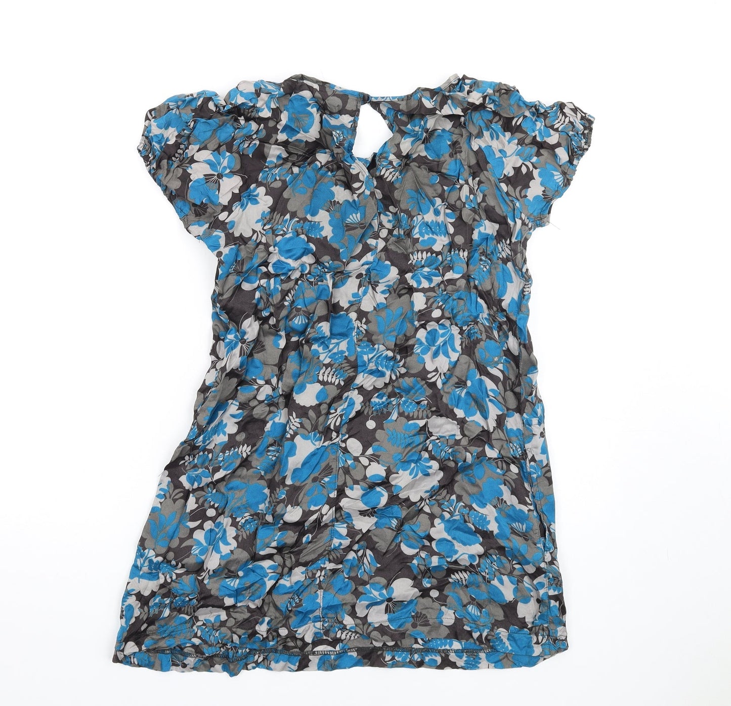 NEXT Womens Blue Floral Viscose A-Line Size 14 Round Neck Button