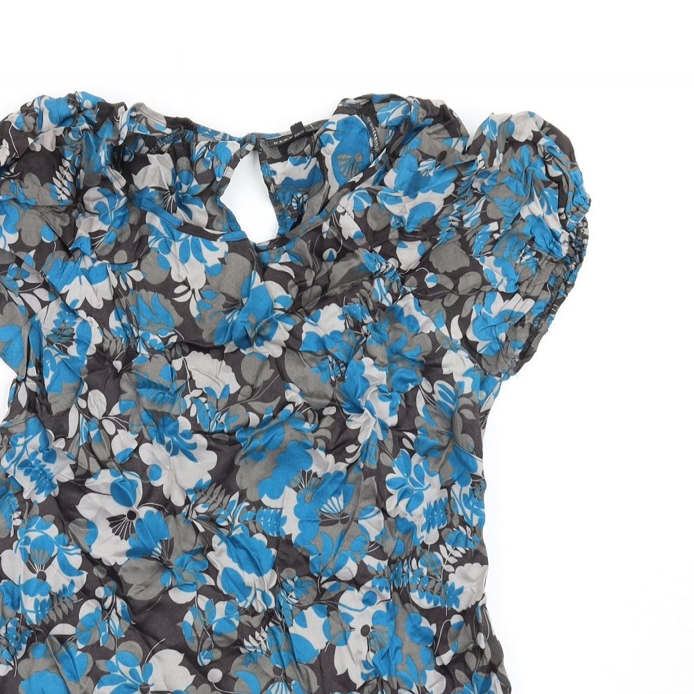 NEXT Womens Blue Floral Viscose A-Line Size 14 Round Neck Button