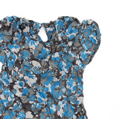 NEXT Womens Blue Floral Viscose A-Line Size 14 Round Neck Button