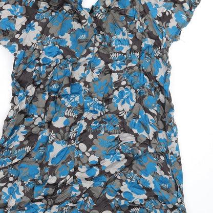 NEXT Womens Blue Floral Viscose A-Line Size 14 Round Neck Button