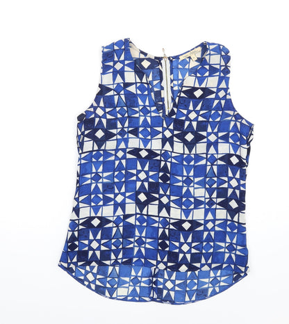 NEXT Womens Blue Geometric Polyester Basic Tank Size 6 V-Neck