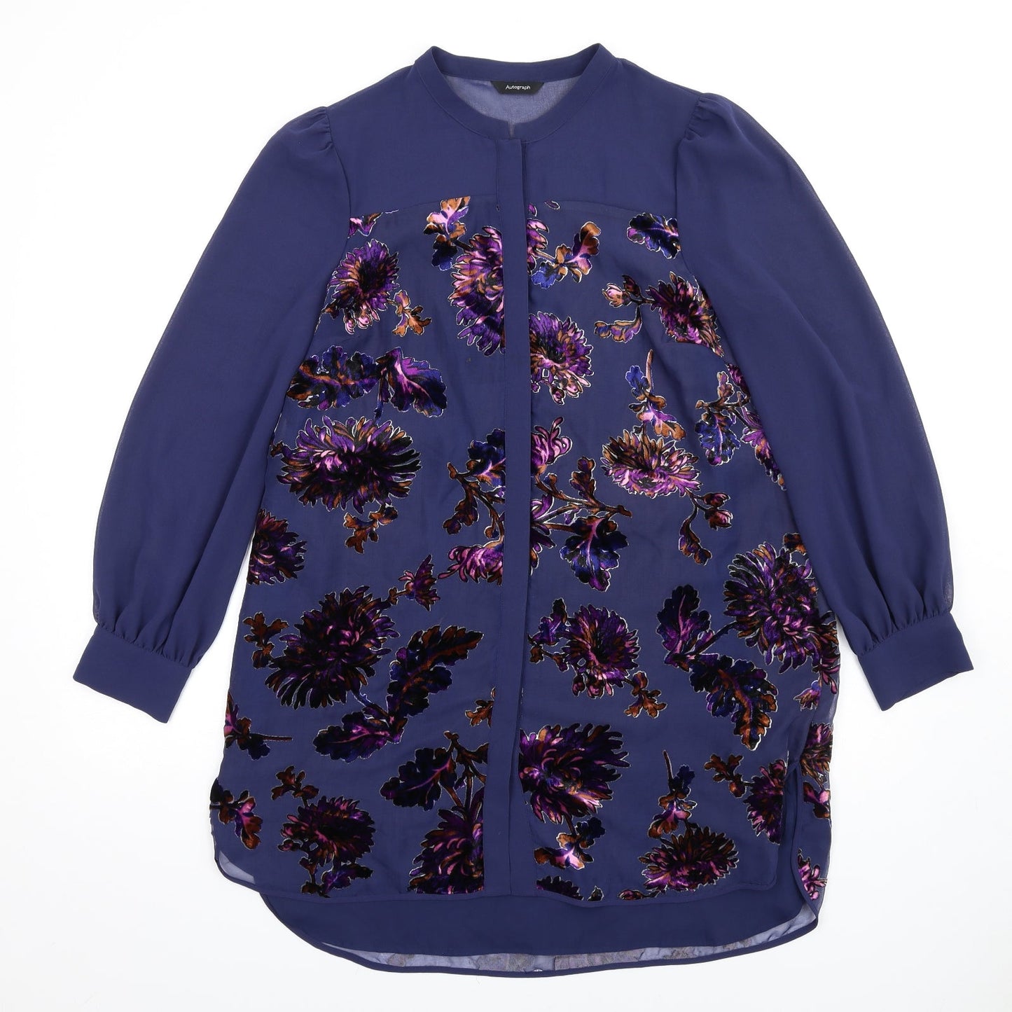 Autograph Womens Blue Floral Viscose Shirt Dress Size 14 Round Neck Button