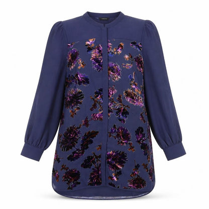 Front view of Autograph women’s blue floral viscose shirt dress, size UK 14, round neck button